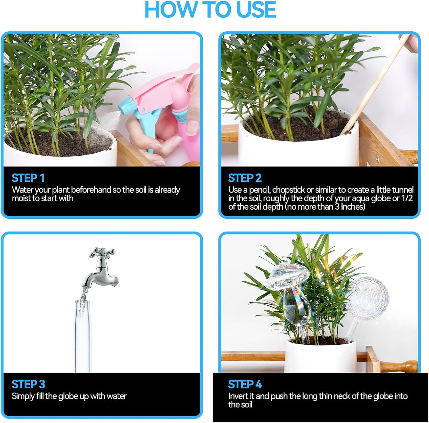 FLORA GUARD Plant Watering Globes, 4-PCS Glass Self Watering Planter Insert, Mushroom Rhombus Patterned Water Globes, Automatic Plant Waterer Bulbs Devices