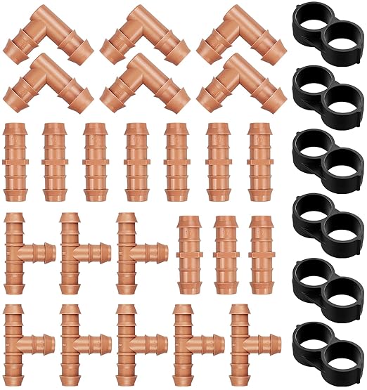 30 Pieces Drip Irrigation Kit：Drip Irrigation Parts for 1/2 Inch Drip Irrigation Tubing with 17mm 0.600" ID Drip Line Fittings Barbed Connectors Including 10 Couplings 8 Tees 6 Elbows 6 Plugs
