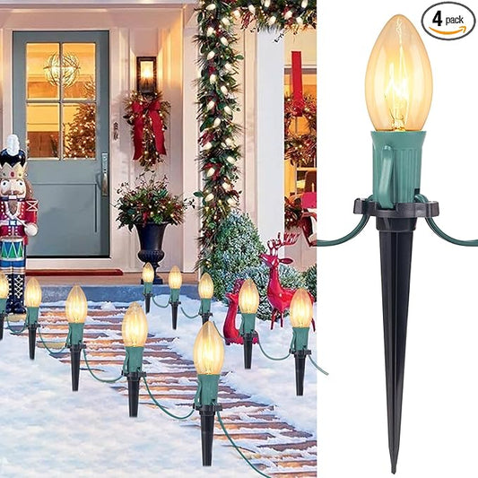Brightown 4 Pack C9 Christmas Pathway Lights Outdoor - Total 102.8 FT Walkway Lights with 80 Clear Bulbs, Connectable Christmas Stake Lights, Outdoor Christmas Decoration for Lawn Holiday, Warm White