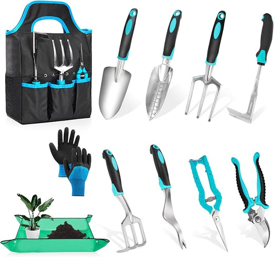 Ergonomic Garden Tool Set, Heavy Duty 11 Pcs Gardening Tool Bag Lightweight Aluminium Alloy Tools with Non-Slip Ergonomic Handle, Durable Storage Tote Bag, Gardening Hand Tools