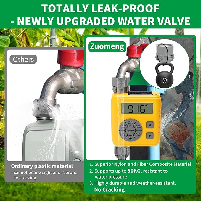 Sprinkler Timer, Zuomeng Water Timer for Garden Hose with Dual Power Design, Professional Anti-Leak Technology, Smart Irrigation with Rain Delay, Automatic/Manual Mode for Efficient Watering, Yellow