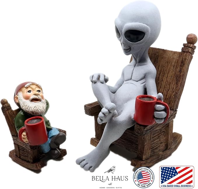 Andre' & Fritz | Celebrating Friendship with a Morning Cup of Coffee | Whimsical Extraterrestrial Outdoor Decor | Garden Statue 2pc Resin Set 6.25”/ 3.50” Tall (Coffee with Friends)