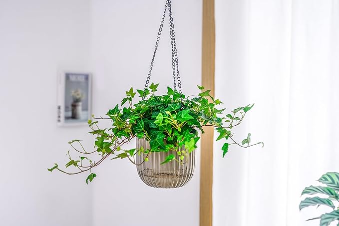 Melphoe 2 Pack Self Watering Hanging Planters Indoor Flower Pots, 6.5 Inch Outdoor Hanging Plant Pot Basket, Plant Hanger with 3Hooks Drainage Holes for Garden Home (Gray + White)
