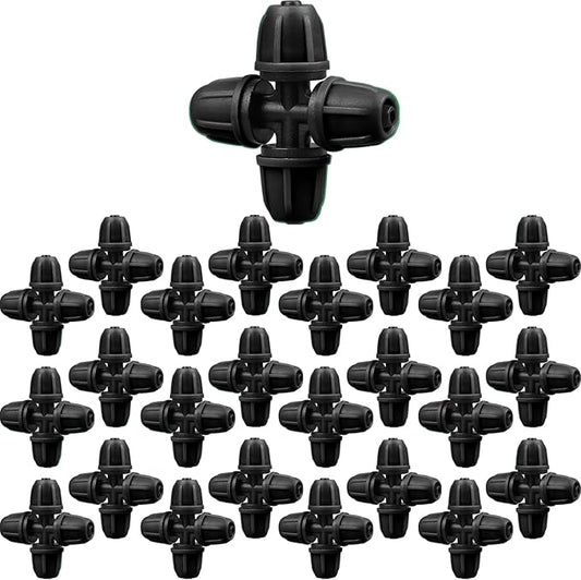 JAYEE Drip Irrigation Fittings 1/4 Inch, 25 Pcs Lock Barbed 4 Way Cross for ¼ in. tubing, Drip Line Connectors Couplings Irrigation Parts for Drip Sprinkler Garden Lawn Watering Systems, Black
