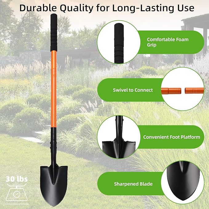 43.7Inches Spade Shovel Small Trench Shovel with Heavy Duty Steel Handle Garden Tools, Small Shovel for Digging Gardening Camping Yardwork Car Shovel, Orange