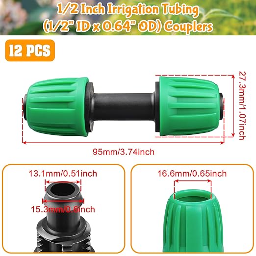 Drip Irrigation Fittings for 1/2 Inch Drip Tubing (1/2" ID x 0.65" OD)：1/2'' Drip Line Couplings Anti-drop Locked Nut Barbed Straight Coupling Connectors for Garden Irrigation System (12 Pack)