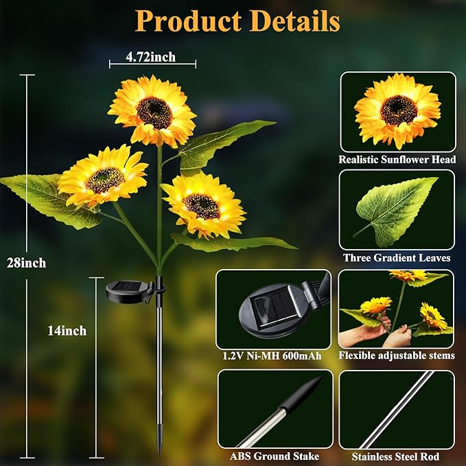 Solar Garden Lights Outdoor Waterproof, 2 Pack Solar Powered Decorative Sunflower Garden Stake Lights for Outdoor Patio Pathway Walkway Landscape Yard Cemetery Grave Decorations
