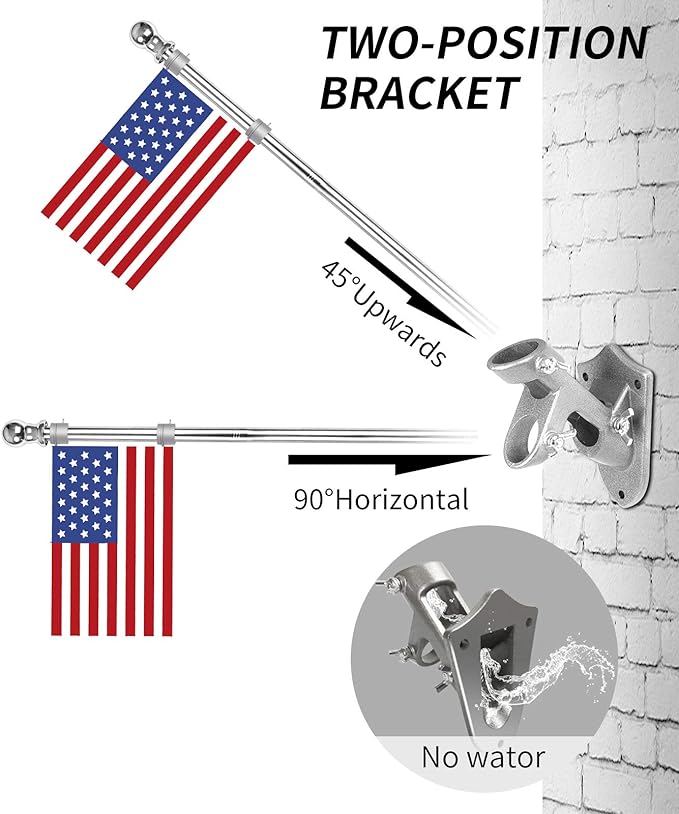 Quarut House Flag Pole Kit,Including 6Ft Stainless Steel Flag Pole,Heavy Duty Nylon 3x5 Ft American Flag,Aluminum Alloy Rings and Bracket.Wall Mounted Flagpole Set for Residential Commercial（Silvery）