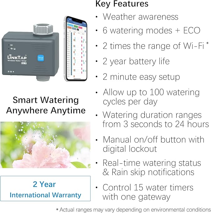 LinkTap G1S Wireless Water Timer & Gateway - Smart Sprinkler Timer with App, Remote Irrigation for Garden, Weather Aware, Greater Range than WiFi, Manual Control & Digital Lockout, 2 Year Battery Life