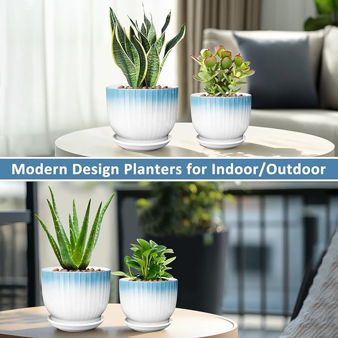 6.7 + 5.5 Inch Plant Pot, Ceramic Planter with Drainage and Saucer, Ceramic Pots for Plants, Indoor Plant pots,Ceramic Flower pots（Blue + White, Plants NOT Included）