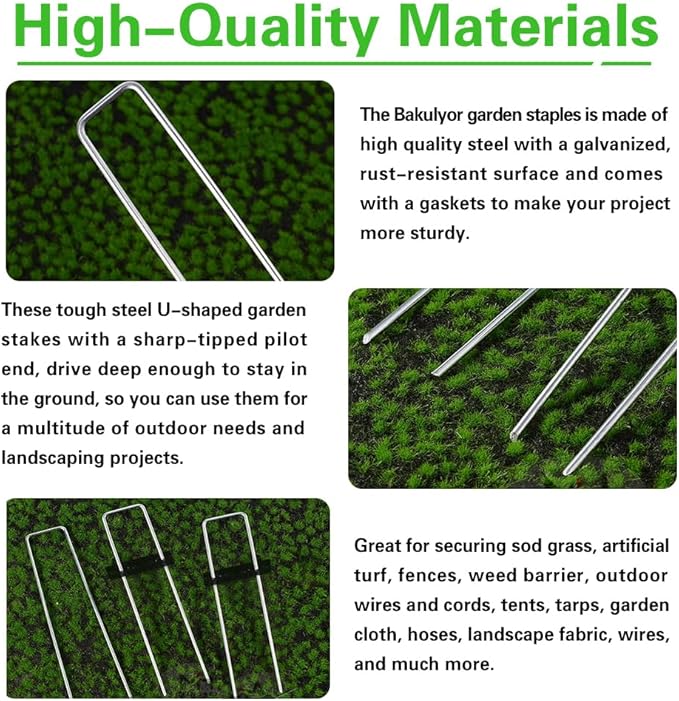 Bakulyor 100 Pcs Landscape Staples + 100 Pcs Gasket, 6 Inch Garden Stakes Staples 11 Gauge U Shaped Galvanized Lawn Landscape Pins, Heavy Duty Yard Ground Pin for Weed Barrier Sod Fabric Decorations