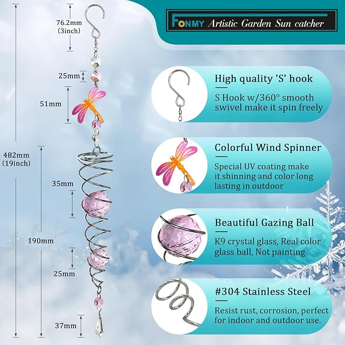 FONMY Dragonfly Gazing Ball Spiral Wind Spinner Sun Catcher Rainbow Maker Silver Spiral W/Pink K9 Crystal Ball Tree Hanging Ornament Indoor Outdoor Garden Decor. 19.5inch H