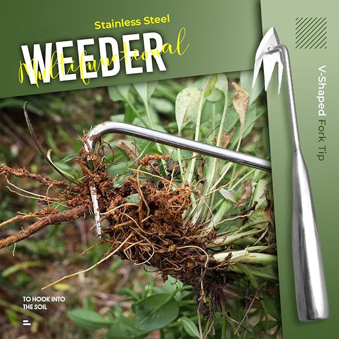 Stainless Steel Multifunctional Weeder, Weeder Puller Stand Up, Hand Weeder Tool for Gardening with Handle, V-Shaped Light Duty Hand Weeder for Garden Yard Farm Weed Removal (Wood)