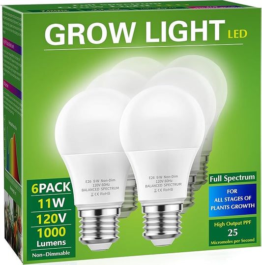Briignite Grow Light Bulbs, Full Spectrum Grow Light Bulb, LED Grow Light Bulb A19 Bulb, Plant Light Bulbs E26 Base, 11W Grow Bulb 100W Equivalent, Grow Light for Indoor Plants, Seed Starting, 6 Pack