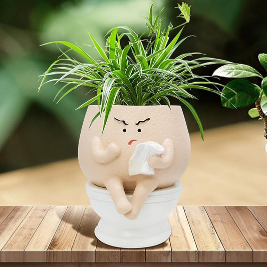 Frowning Planter Pots for Indoor Plants Cute Resin Flower Head Planters, Sit Toilet Succulent Pots with Drainage Hole Unique Closestool Planter - Gift IdeaI for Birthday and Christmas