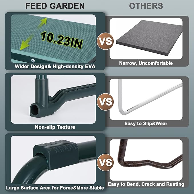 FEED GARDEN Garden Kneeler and Seat, Garden Stool with 10" Wide Soft Kneeling Pad, Heavy Duty Gardening Bench Chair with 2 Tool Pouches, Gardening Gifts for Women Seniors Women Mom Men, Green