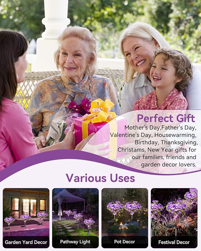 Neporal Solar Light Outdoor - 2 Pack Solar Garden Lights with Purple Carnation Solar Flowers, Solar Lights Outdoor Waterproof IP65, Solar Outdoor Lights Decorative for Outdoor Garden Decoration