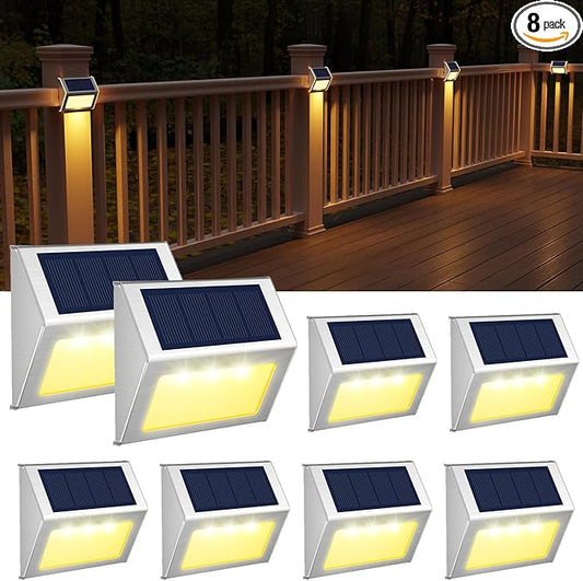 JSOT Solar Lights Outdoor for Deck,Waterproof Solar Powered Steps Light Outdoor Wireless LED Lamp Fence Lighting Walkway Patio Stair Garden Path Rail Backyard Fences Post 8 Pack Warm White