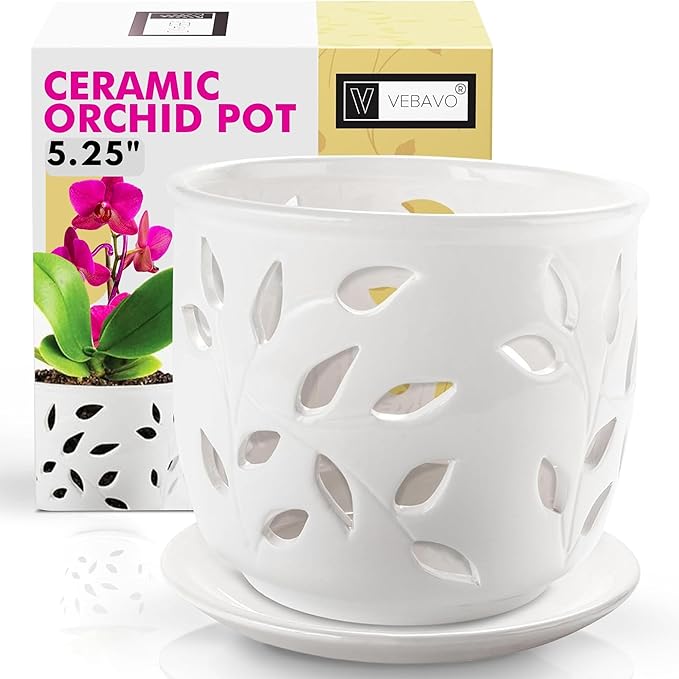 Orchid Pot with Holes & Saucer Ceramic 5.25 in. Indoor or Outdoor Large Pot for Orchid Care & Root Health with Precise Aeration & Drainage – Durable for Repotting or New Plants