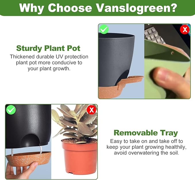 Planters for Indoor Plants, 8/7/6.5/6/5.5/5 Inch Self Watering Plant Planters with Drainage Hole, Plastic Planters Flower Pots for Indoor Outdoor Plants (Black)