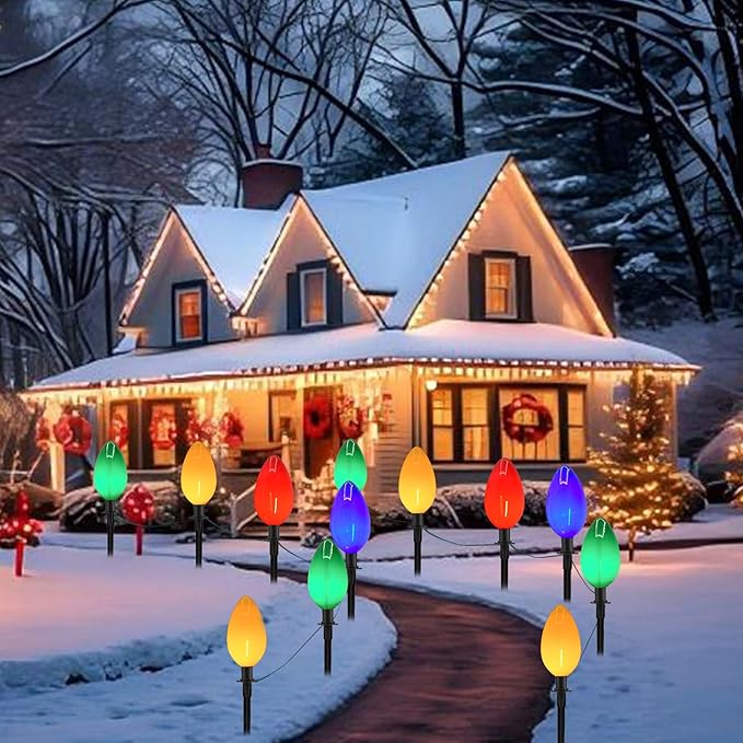 Jumbo C9 Christmas Pathway Lights Outdoor, 2 Pack 7FT C9 Christmas Walkway Lights with 4 LED Jumbo Multicolor Bulbs, Christmas Yard Decoration Lights for Outside Lawn Garden Driveway, 8 Lights