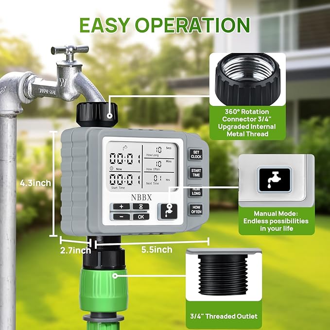 Digital Sprinkler Timer for Garden Hose Watering, Battery Powered Hose Timer with Rain Delay, Manual, Automatic Watering System, Outdoor Programmable Water Timer Irrigation Timer Grey