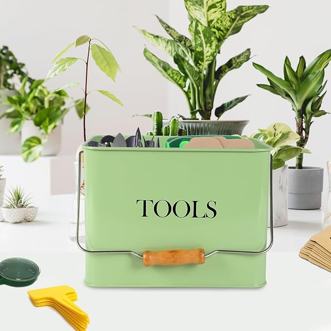 Metal Garden Tool Caddy, 3 Compartments Garden Tool Organizer with Handle, Garden Tool Box for Indoor and Outdoor, Gardening Tool Kit Holder Empty, Gardening Supplies, Gardener Gift (Green)
