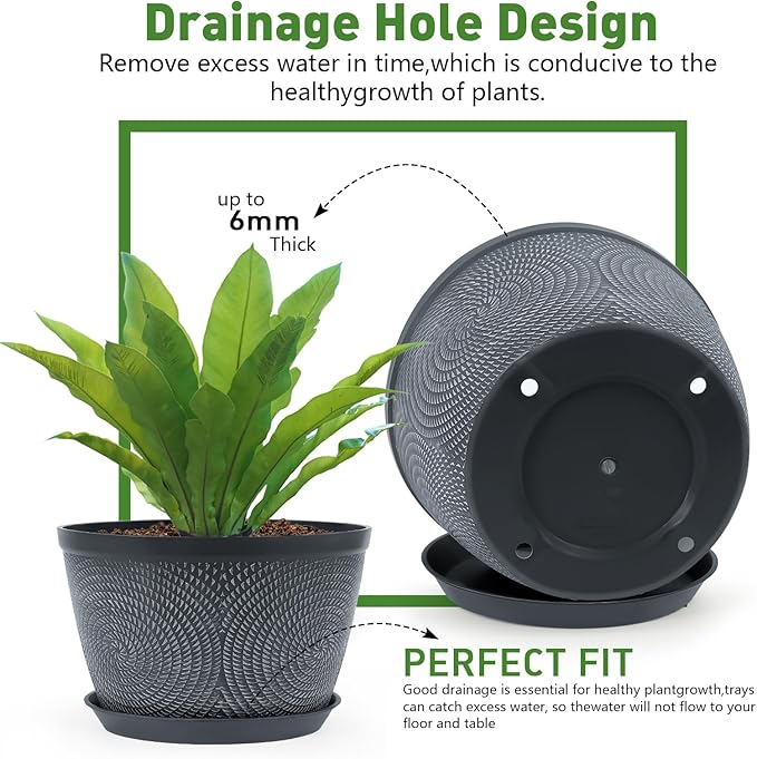 Quarut 10 Inch Flower Pots Planters for Outdoor Indoor, 3 Pack Plastic Plant Pots with Drainage Hole & Tray, Modern Decorative Garden Pot with Saucer, planters for House (Gray)