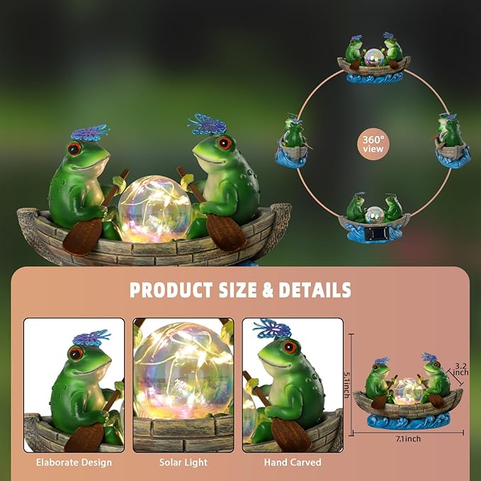 Solar Frog Boating Garden Statue with Ball Light 5.1" Resin Frogs Decor for Home Front Door Patio Porch Balcony Women Gardeners Moms Wives Girlfriends