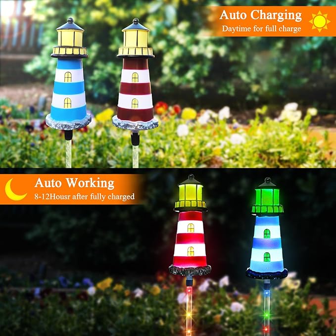 Solar Lights Outdoor Waterproof,2 PCS Lighthouse Solar Outdoor Lights,IP65 Waterproof Pathway Transparent Tube Lighthouse with 7 Color Gradients, for Your Home Patio Walkway Lawn Decor