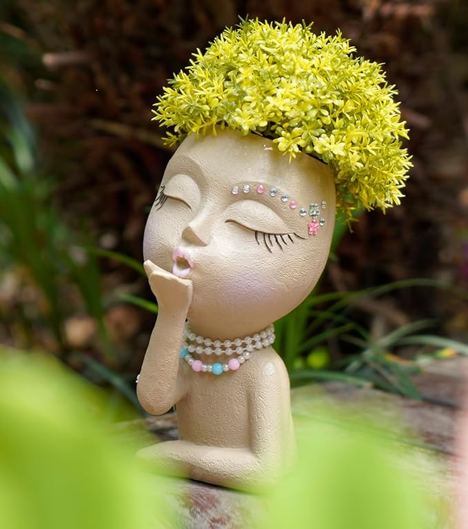 Cute Head Planter Pot/Face Planters for Indoor Plants,with Drainage Hole,Girl Face Flower Pot Cute Lady Head Planters Pot for Indoor Outdoor Plants,Cute Resin Succulent Planter (Khaki)