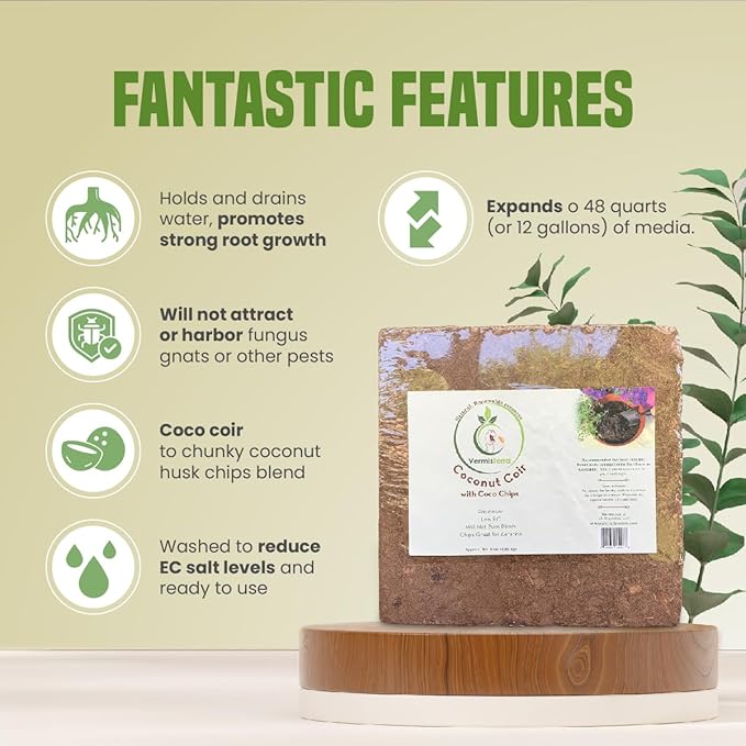 Coco Coir and Chips, Compressed Brick - Approx 9 LB (1.7 cu ft) - for Container Garden and Potting Mix, Coconut Coir with Chunky Chips for Aeration and Stability