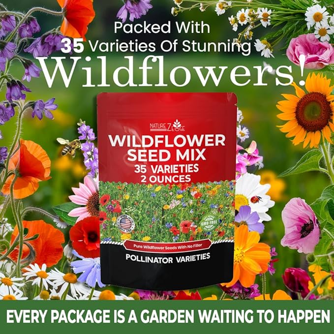 NatureZ Edge Wildflower Seeds Mix – 2 Oz, 85,000 Seeds, 35 Variety Perennial & Annual Flower Seeds to Plant Outside, Bulk Wildflower Seeds, Wild Flower, Semillas de Flores