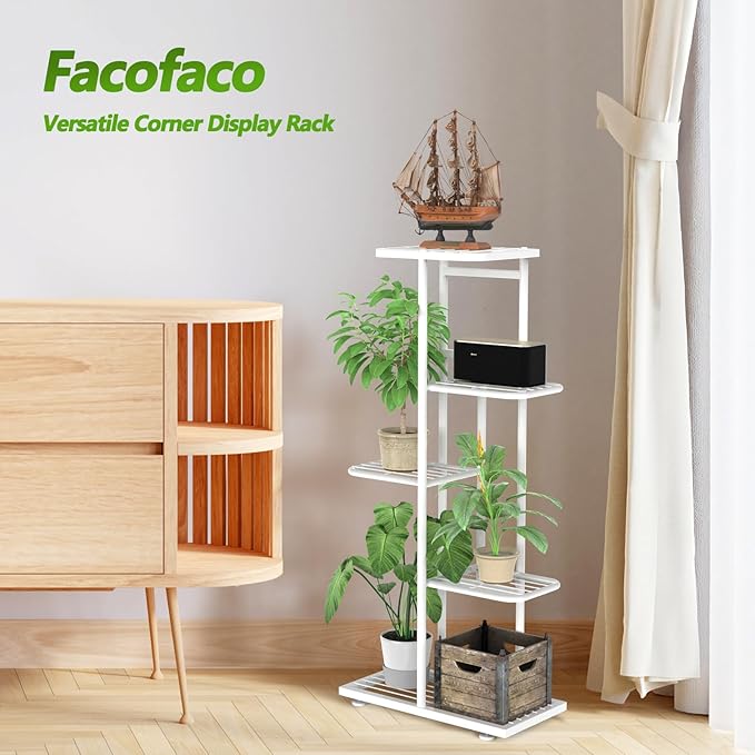 5 Tier 6 Potted Plant Stand Indoor with Gardening Tools and Gloves, Upgraded Corner Tall Metal Plant Shelf Organizer Outdoor, Multiple Flower Pot Holder Display Rack (5 -Tier White)