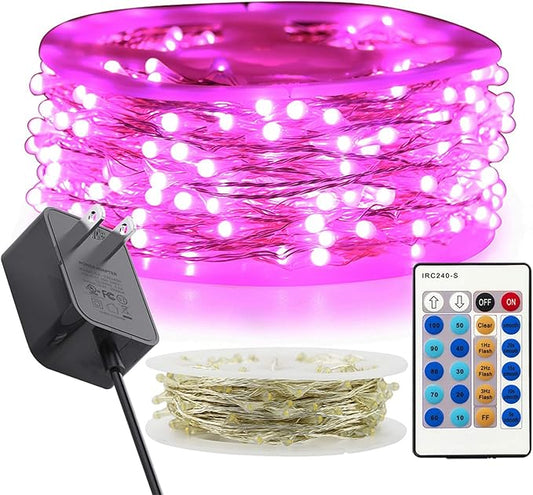 RUICHEN Pink Dimmable Fairy Lights Plug in, 99 Ft 300 LED Twinkle String Lights with Remote, Waterproof Silver Wire Firefly Lights for Bedroom, Patio, Yard, Christmas, Easter, Valentines Day, Wedding