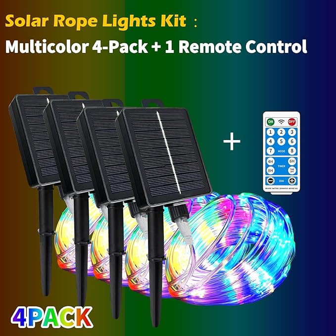 Solar Rope Lights 4 Pack,39FT 100LEDs Multicolored Waterproof Outdoor String Lighting,Remote-Control, for Pathway Pool Patio Garden Palm Tree Christmas Halloween(Multi-Color)