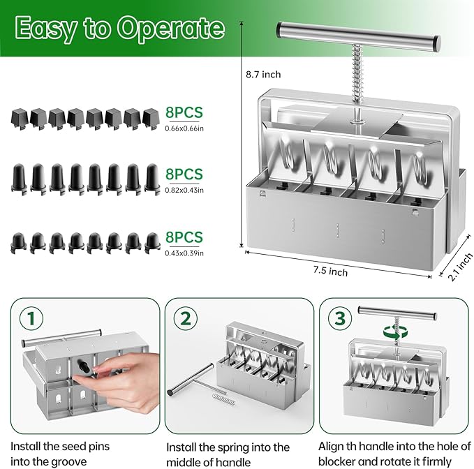 Soil Blocker, 8 Cell Soil Block Maker 2 Inch with 3 Sizes Seed Pins, 2024 Seed Handheld Block Maker with Comfortable Handle, Garden Blocking Tools for Seedings, Cuttings, Greenhouses