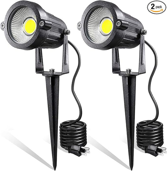 LED Landscape Lights,5W 120V AC Outdoor Pathway Garden Yard Spotlight,IP65 Waterproof Garden Flood Light,Outdoor Spotlight with Stake,UL Cord 5-ft with Plug (Pack of 2, Daylight White)