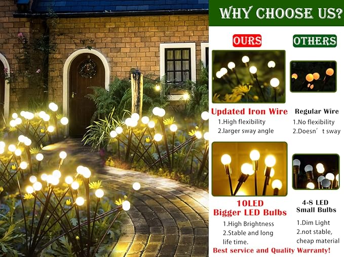 SunKite Solar Garden Lights - 4 Pack 10 LED Solar Firefly Lights Sway by Wind Outdoor Waterproof Solar Decorative Lights, Solar Outdoor Lights for Yard Patio Walkway Decoration, Warm White
