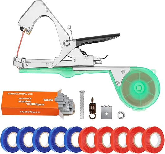 Plant Tying Machine,vine tying machine,plant tape gun for climbing plants,Grapes, Raspberries, Tomatoes and Vining Vegetables flowers. With 10 Rolls Tape, Spare Blades and Springs,10000pcs Staples