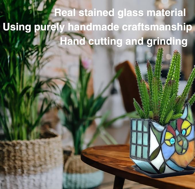 Tiffany Style Cute Cat Face Design Small Flower Pot, Unique Stained Glass Cat Planter, Tiltable Cat Decorative Flower Pot, Fun Peek-A-Boo Terrarium Decoration, Gift for Plant Women