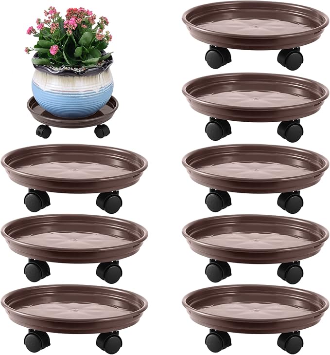 8 Packs Plant Caddy with Wheels 12" Plastic Rolling Plant Stands Heavy-duty Plant Dolly with Casters Indoor and Outdoor Plant Roller Base Large Heavy Plant Pot Saucers with Wheels Plant Mover, Brown