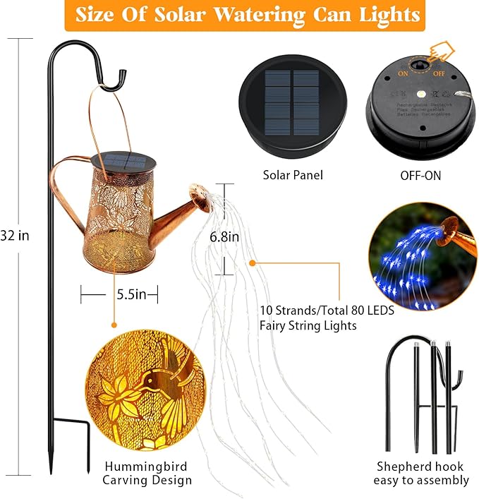 Solar Watering Can Lights, Hummingbird Christmas Gifts for Women Mom Grandma Birthday, Waterproof Outdoor Garden Decor Large Hanging Solar Lanterns Garden Lights for Patio Porch Yard Flowerbed Pathway