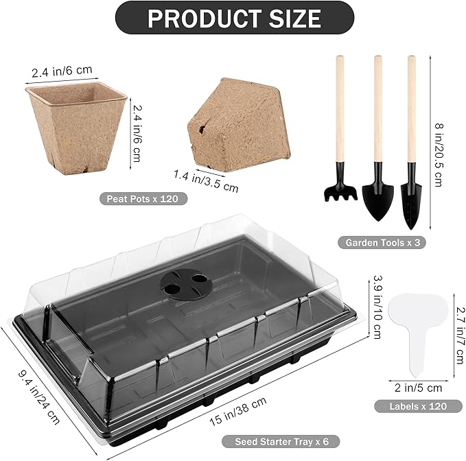 6 Pack Seed Starter Tray Kit with 120 Square Peat Pots for Seedlings, Including Plants Labels, Planting Tools, Growing Trays Plastic Germination Tray Paper Starter Pods for Plant Seeds, Black