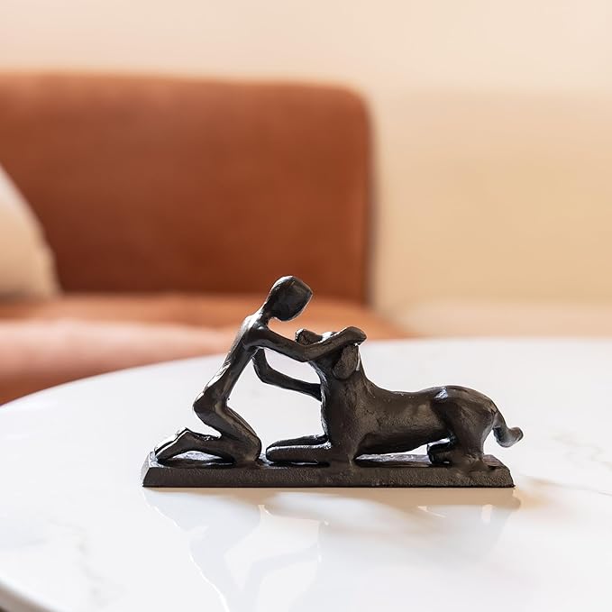 Boy and Dog Statue, Love of Dog Sculpture, Gifts for Dog Lovers, Dog Memorial Gifts for Man and Boy, Cast Iron, Black