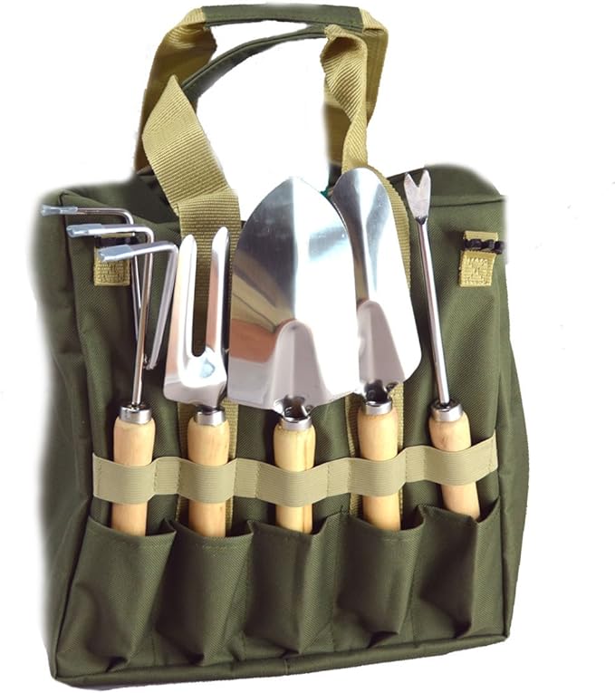 10-Piece Gardening Tool Set with Zippered Detachable Tote and Folding Stool Seat with Backrest