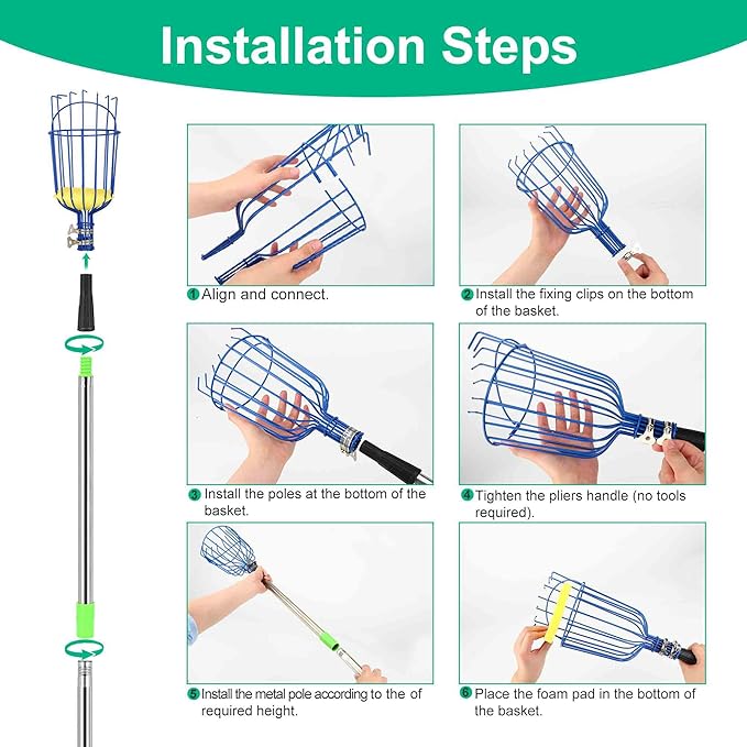 Fruit Picking Tool 2 Pieces, with Basket and 62.9-inch Fruit Picking Rod, The Rod can Connect up to 6 Parts, Reach a Length of 98 inches (with Storage Bag)