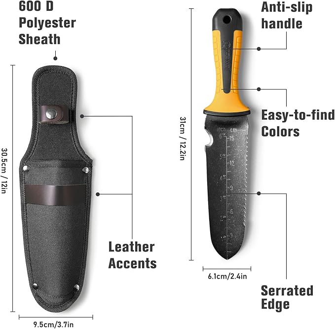 Hori Hori Garden Knife, Stainless Steel Gardening Knife Tool, Multi-Purpose Soil Knife with Sheath，Ergonomic TRP Handle for Weeding, Digging, and Cultivating，7" Blade- in Gift Box