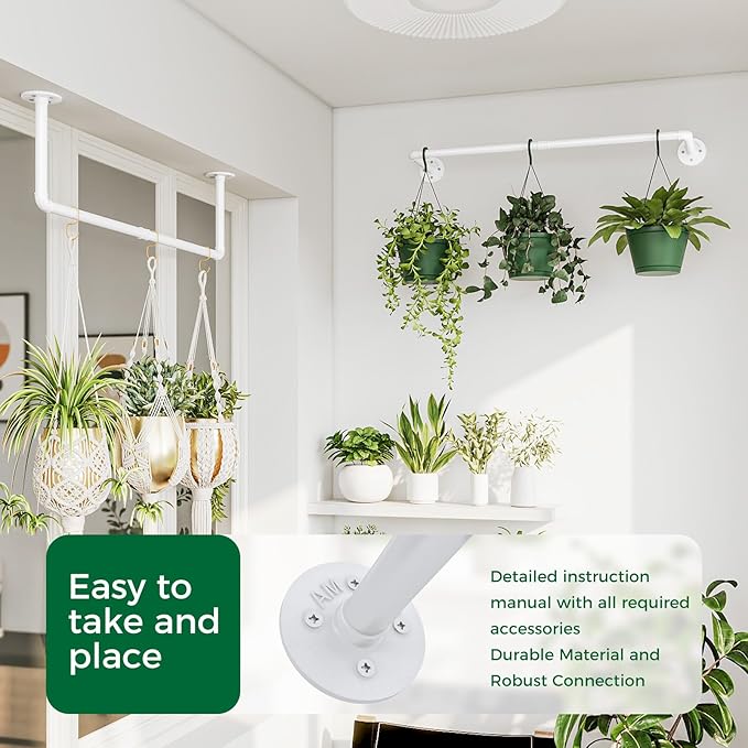 Bamworld Hanging Planters 2PCS for Indoor Plants Hanging Plant Holder Plant Hanger Indoor Ceiling Window Plant Shelves Wall Mount Black Metal Rod(Pot&Plant Not Included) White