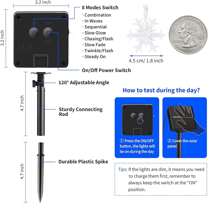 Solar Christmas Snowflake String Lights 100 LED 39 Feet Outdoor Waterproof Fairy Lights with 8 Lighting Modes for Wedding, Party, Tree, Room, Garden, Patio, Yard, Home, Pure White